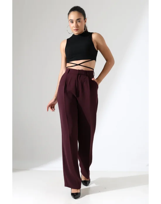 Kadın Yüksek Bel Pileli Mürdüm Palazzo Pantolon