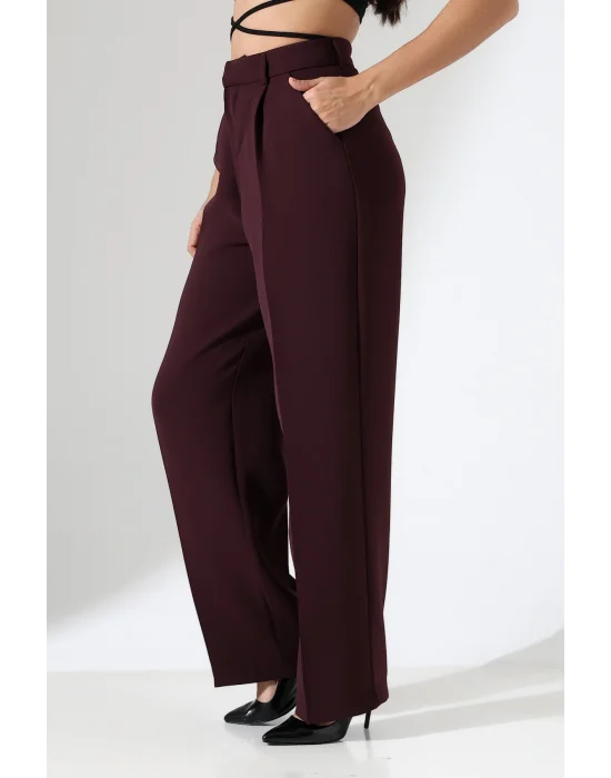 Kadın Yüksek Bel Pileli Mürdüm Palazzo Pantolon