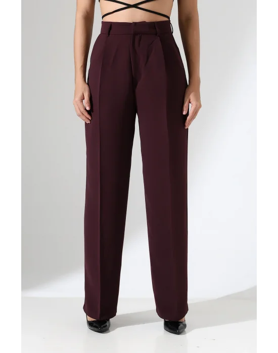 Kadın Yüksek Bel Pileli Mürdüm Palazzo Pantolon