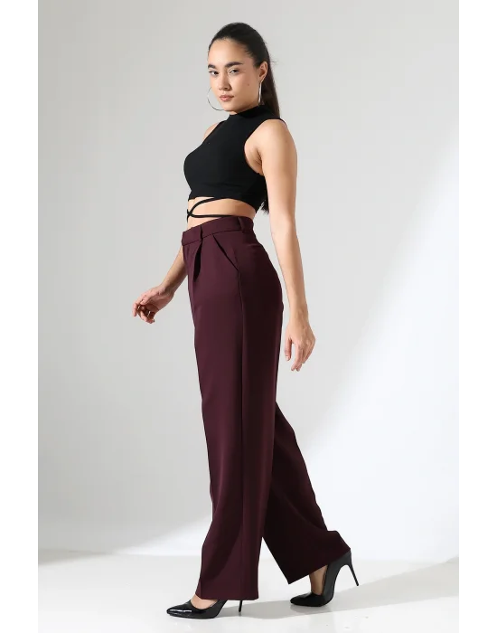 Kadın Yüksek Bel Pileli Mürdüm Palazzo Pantolon