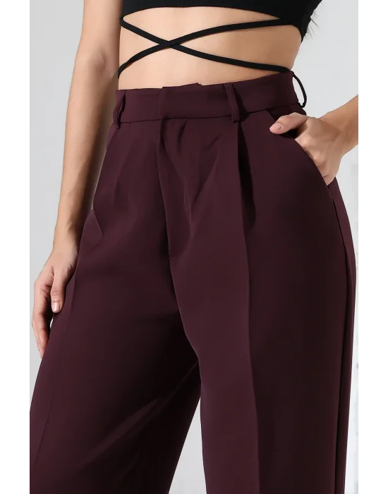 Kadın Yüksek Bel Pileli Mürdüm Palazzo Pantolon