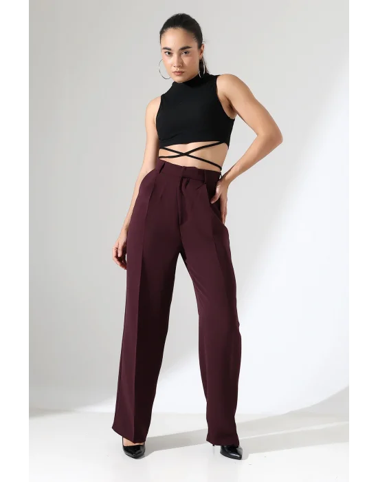 Kadın Yüksek Bel Pileli Mürdüm Palazzo Pantolon
