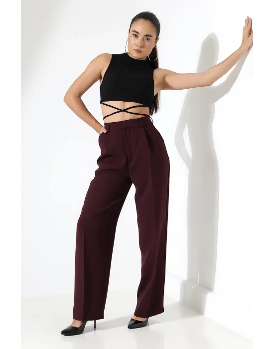 Kadın Yüksek Bel Pileli Mürdüm Palazzo Pantolon