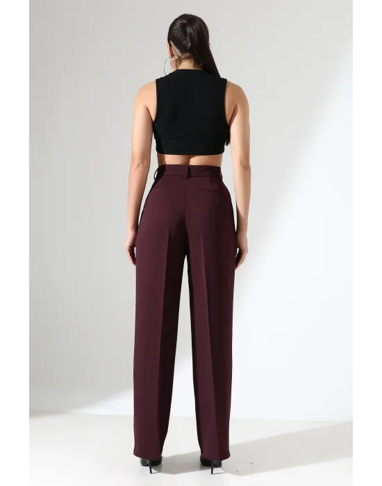 Kadın Yüksek Bel Pileli Mürdüm Palazzo Pantolon