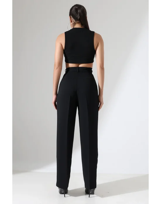 Kadın Yüksek Bel Pileli Siyah Palazzo Pantolon