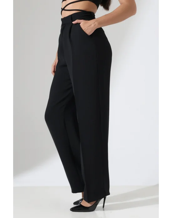 Kadın Yüksek Bel Pileli Siyah Palazzo Pantolon