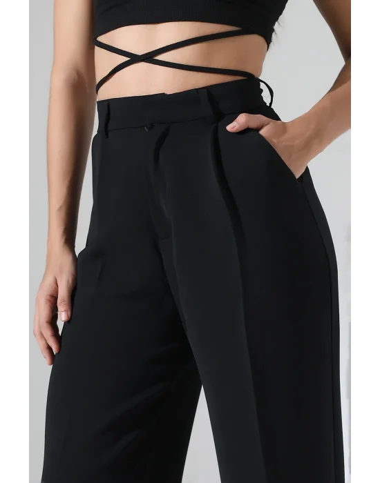 Kadın Yüksek Bel Pileli Siyah Palazzo Pantolon