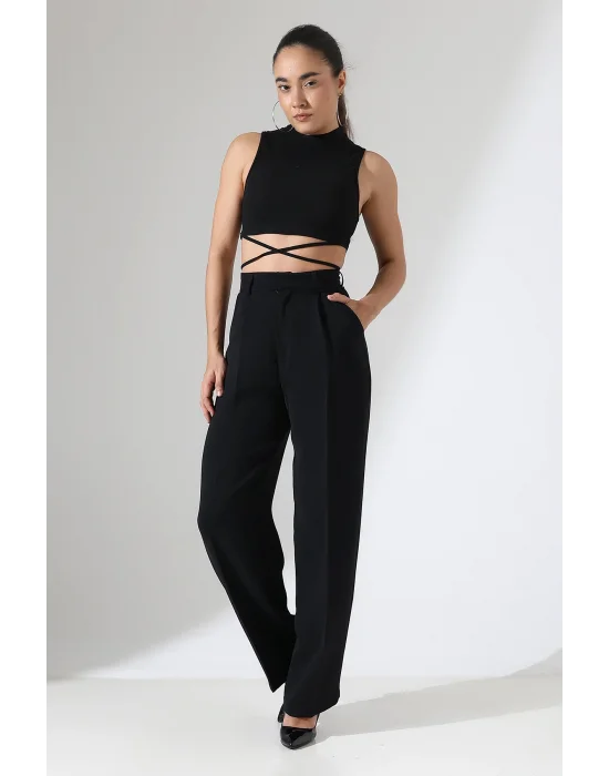 Kadın Yüksek Bel Pileli Siyah Palazzo Pantolon