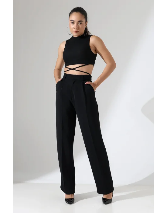Kadın Yüksek Bel Pileli Siyah Palazzo Pantolon