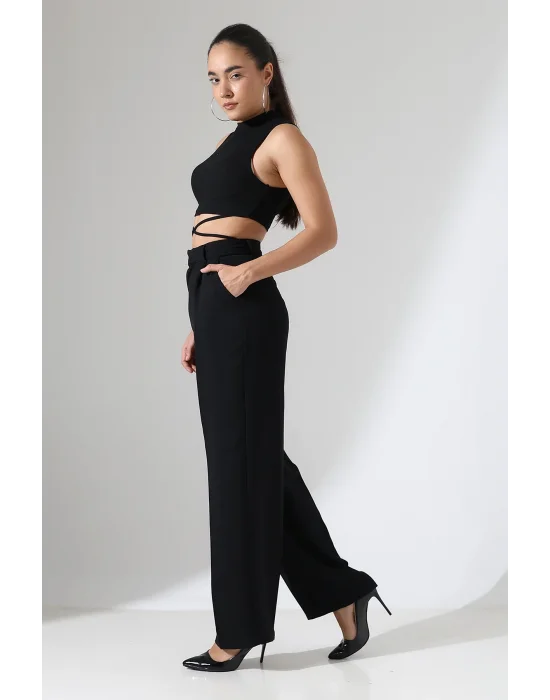 Kadın Yüksek Bel Pileli Siyah Palazzo Pantolon