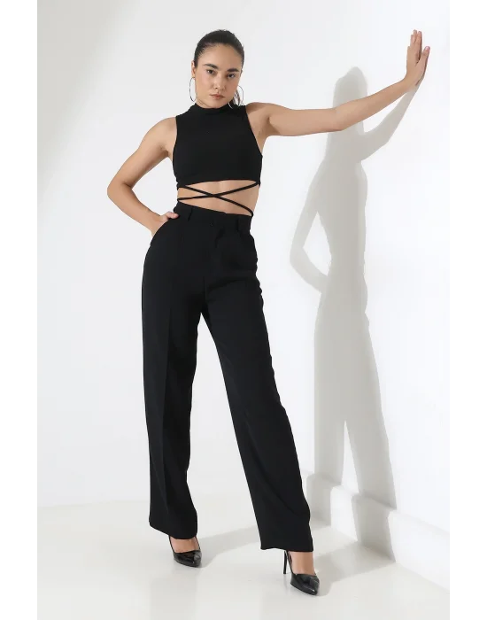 Kadın Yüksek Bel Pileli Siyah Palazzo Pantolon