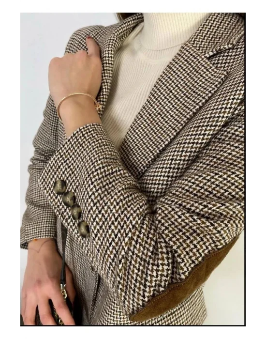 Kahverengi Astarlı Dirsek Detaylı Tek Düğme Kruvaze Blazer Ceket