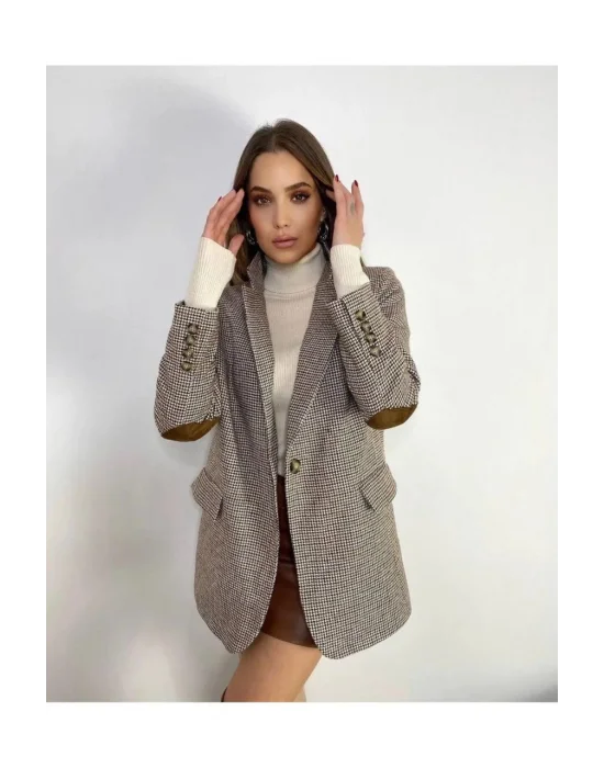 Kahverengi Astarlı Dirsek Detaylı Tek Düğme Kruvaze Blazer Ceket