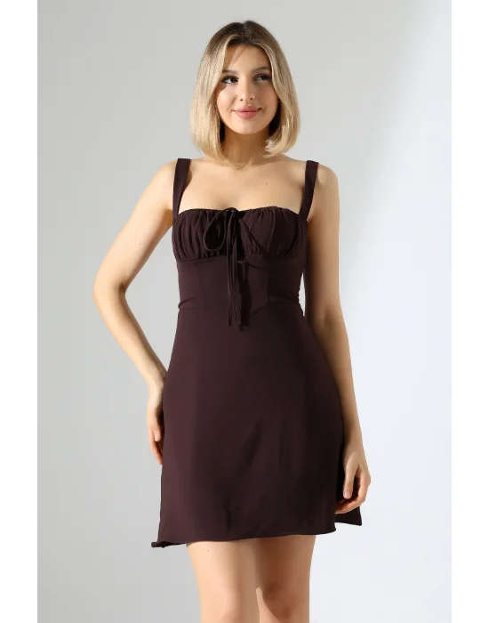 Mini Drapeli Aerobin Astarlı Kahverengi Elbise