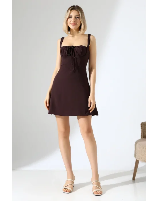 Mini Drapeli Aerobin Astarlı Kahverengi Elbise