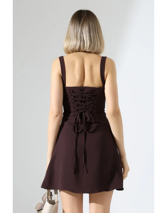 Mini Drapeli Aerobin Astarlı Kahverengi Elbise