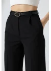 Kadın Deri Kemerli Pliseli Bol Paça Palazzo Pantolon