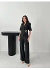 Kadın Toka Detaylı Siyah Ceket Pantolon Takım