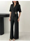 Kadın Toka Detaylı Siyah Ceket Pantolon Takım