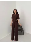 Kadın Toka Detaylı Kahverengi Ceket Pantolon Takımı