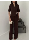 Kadın Toka Detaylı Kahverengi Ceket Pantolon Takımı