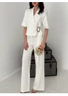 Kadın Toka Detaylı Beyaz Ceket Pantolon Takımı