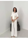 Kadın Toka Detaylı Beyaz Ceket Pantolon Takımı