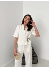 Kadın Toka Detaylı Beyaz Ceket Pantolon Takımı