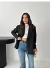 Kadın Kruvaze Oversize Siyah Blazer Ceket