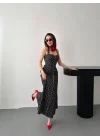 Kadın Puantiyeli Fermuar Detaylı Siyah Elbise