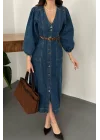 Kadın V Yaka Balon Kol Düğmeli Denim Elbise