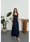 Kadın Koyu Mavi Süs Dügmeli Kuşaklı Kot Elbise