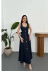 Kadın Koyu Mavi Süs Dügmeli Kuşaklı Kot Elbise