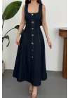 Kadın Koyu Mavi Süs Dügmeli Kuşaklı Kot Elbise