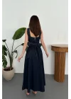 Kadın Koyu Mavi Süs Dügmeli Kuşaklı Kot Elbise