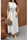 Kadın 3D Brode Detaylı Astarlı Ekru Kolsuz Elbise