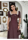 Kadın Puantiyeli Atlas Kumaş Dantel Yakalı Retro Kahve Uzun Elbise