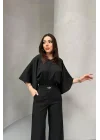 Kadın Bel Büzgülü Kemerı Aksesuarlı Siyah Yarasa Kol Tulum