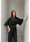 Kadın Bel Büzgülü Kemerı Aksesuarlı Siyah Yarasa Kol Tulum
