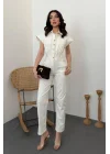 Kadın Slim Fit Yüksek Bel Likralı Boru Paça Safari Stil Tulum