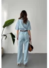 Kadın Açık Mavi Kısa Kollu Denim Tulum