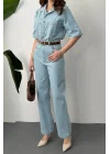 Kadın Açık Mavi Kısa Kollu Denim Tulum