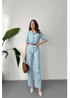 Kadın Açık Mavi Kısa Kollu Denim Tulum