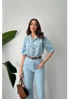 Kadın Açık Mavi Kısa Kollu Denim Tulum
