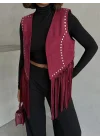 Kadın Püsküllü Bordo Süet Yelek