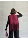 Kadın Püsküllü Bordo Süet Yelek