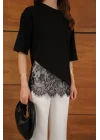 Kadın Dantel Detaylı Siyah Asimetrik Tişört