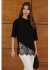 Kadın Dantel Detaylı Siyah Asimetrik Tişört