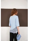 Kadın Dantel Detaylı Bebe Mavi Asimetrik Tişört