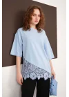 Kadın Dantel Detaylı Bebe Mavi Asimetrik Tişört